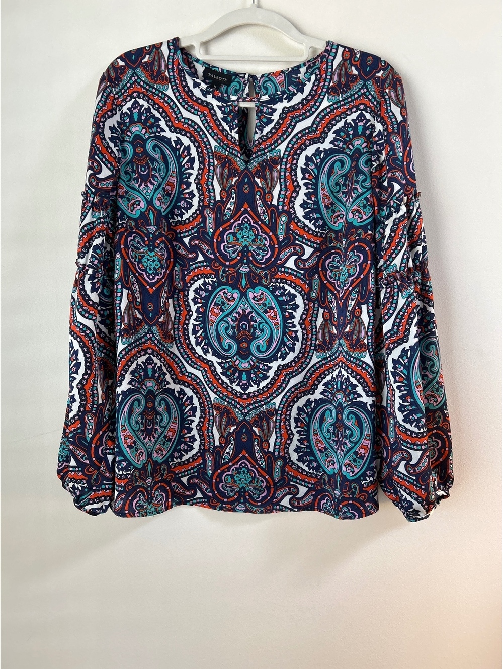 Talbots Long Sleeve Paisley Print Blouse in Navy and Teal, Size Medium